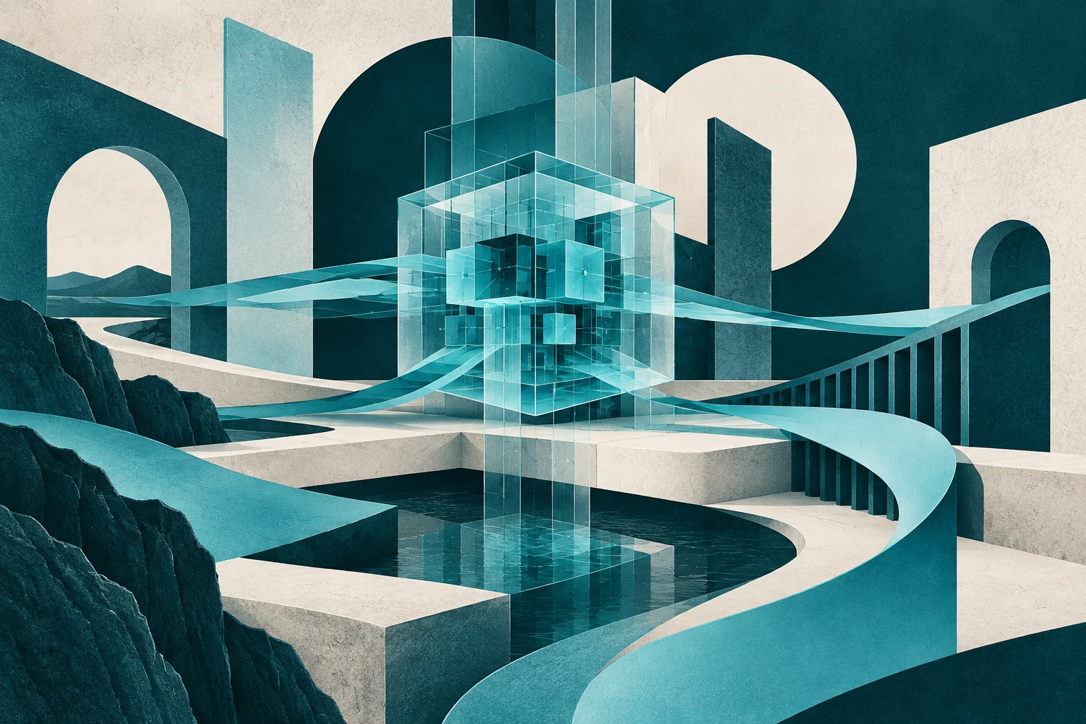 A glass computing core woven into architectural planes, an editorial illustration of enterprise AI.