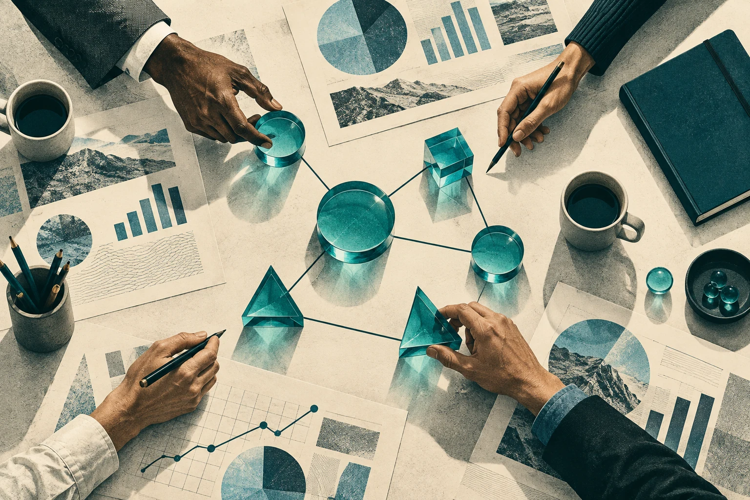 An overhead editorial illustration of hands collaborating on research and connected ideas.