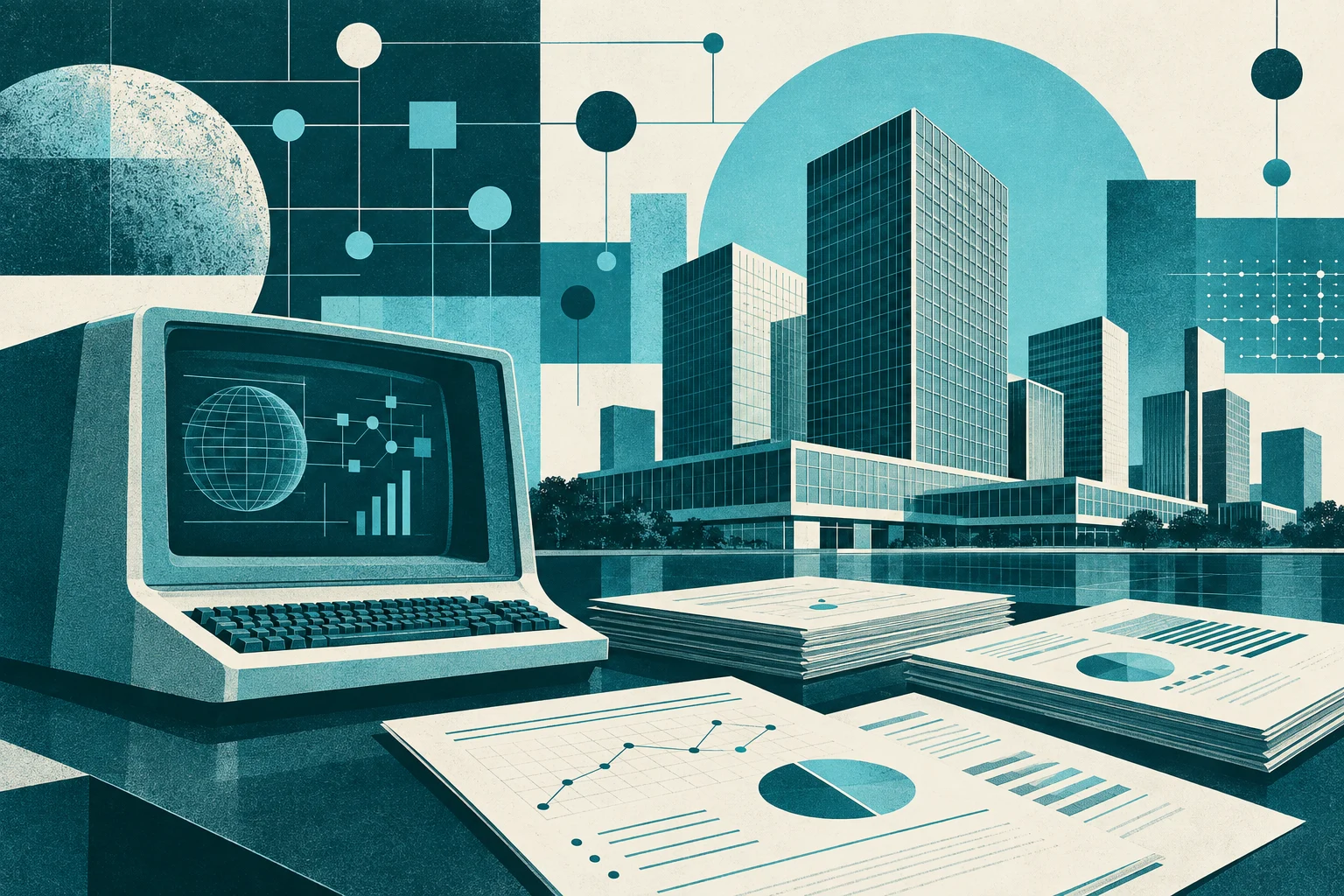Retro editorial collage of an analog terminal, office towers and research papers in teal and ivory.
