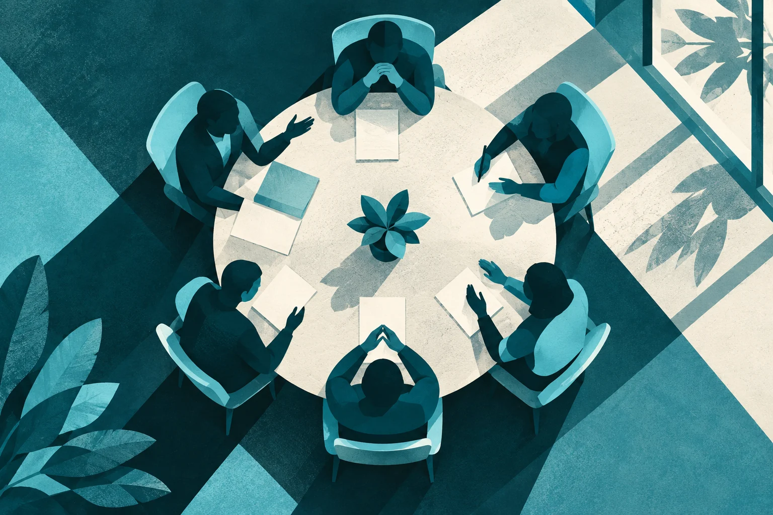 An illustrated gathering around a circular table, representing the exchange of ideas.