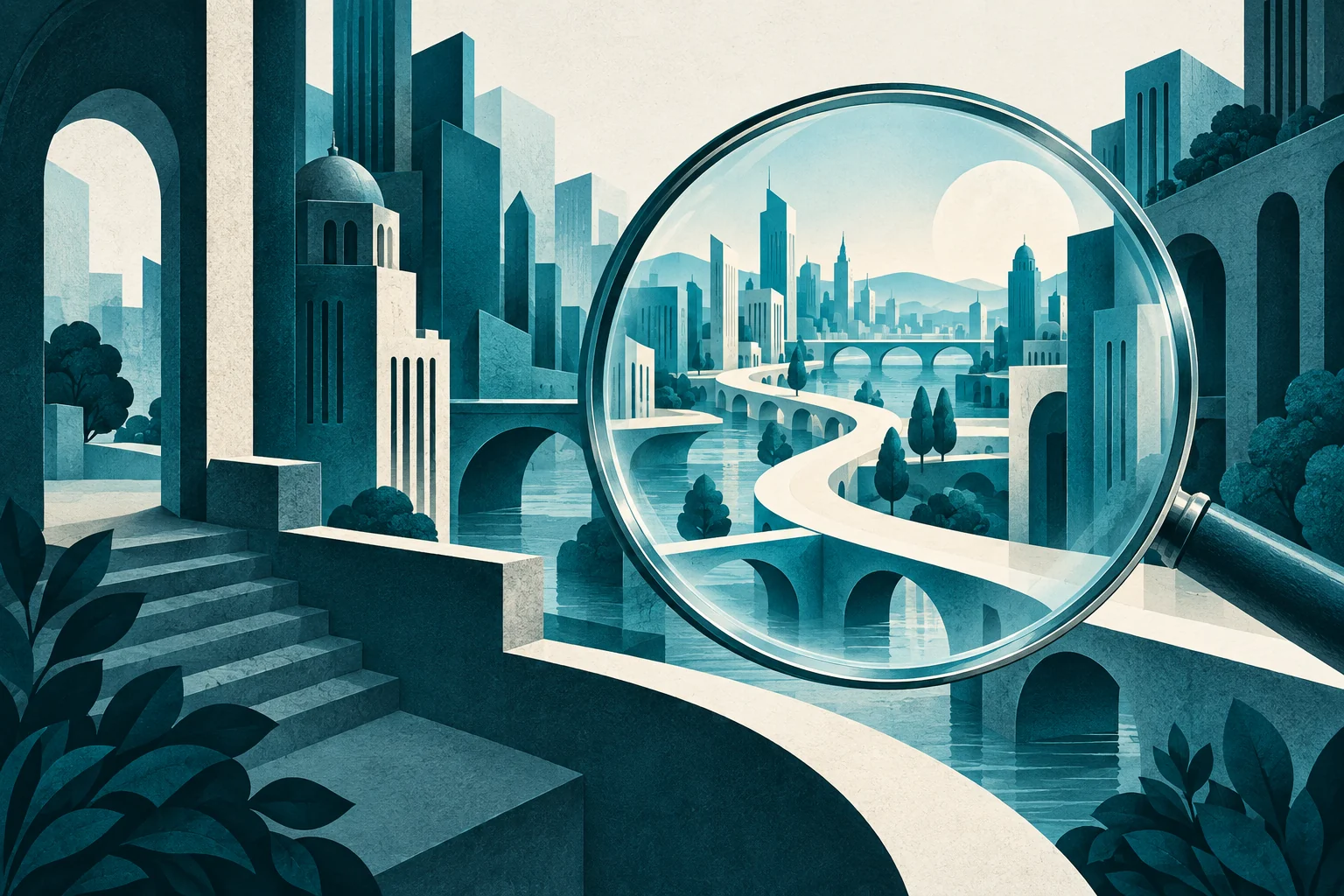 Architectural layers and a lens, an editorial illustration of market intelligence.