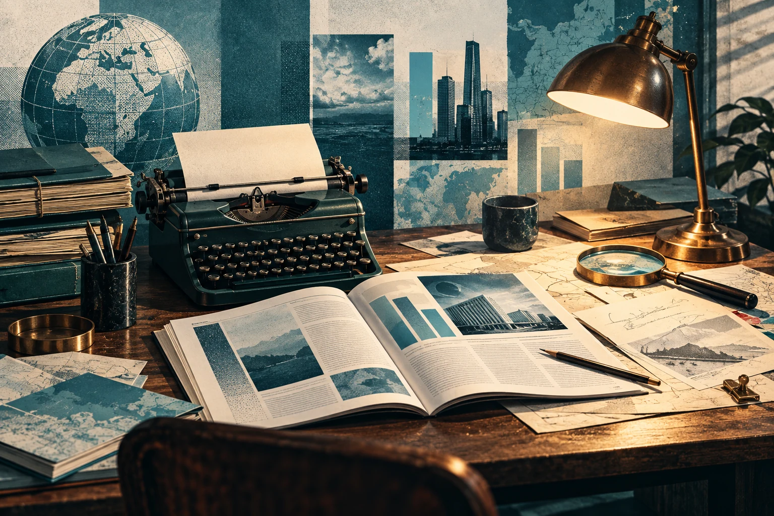 An illustrated editorial desk with a typewriter, research papers and an open magazine.